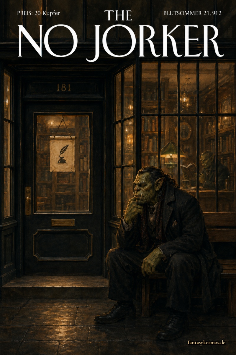 Illustratives Fantasy-Magazincover im Stil eines feinen Kulturmagazins: Vor einem warm erleuchteten Buchladen oder Café sitzt ein nachdenklicher Ork in dunklem Mantel auf einer Bank. Über ihm steht groß „THE NO JORKER“, links oben „PREIS: 20 Kupfer“, rechts oben „BLUTSOMMER 21, 912“. Die Szene wirkt melancholisch, urban und trocken komisch.