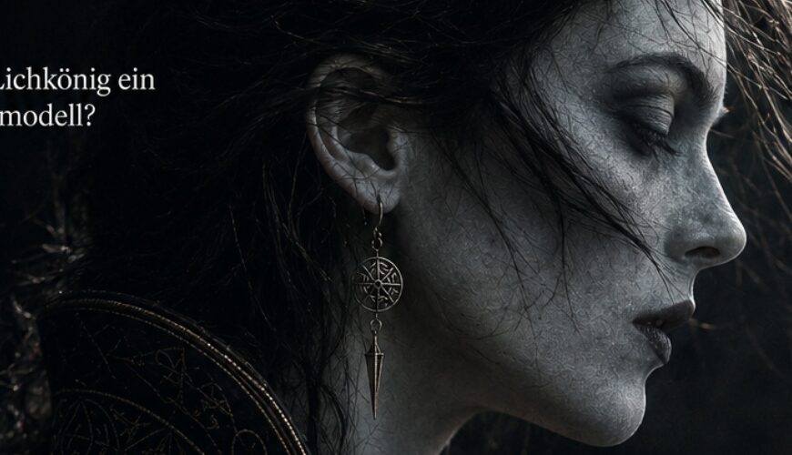 Düsteres Fantasy-Magazincover mit dem Titel „Nekromantie Heute“: Eine bleiche Nekromantin im Profil trägt dunkle, bestickte Kleidung und okkulten Schmuck. Das Cover wirkt wie ein ernstes Psychologie- oder Kulturmagazin aus den Zwischenreichen.