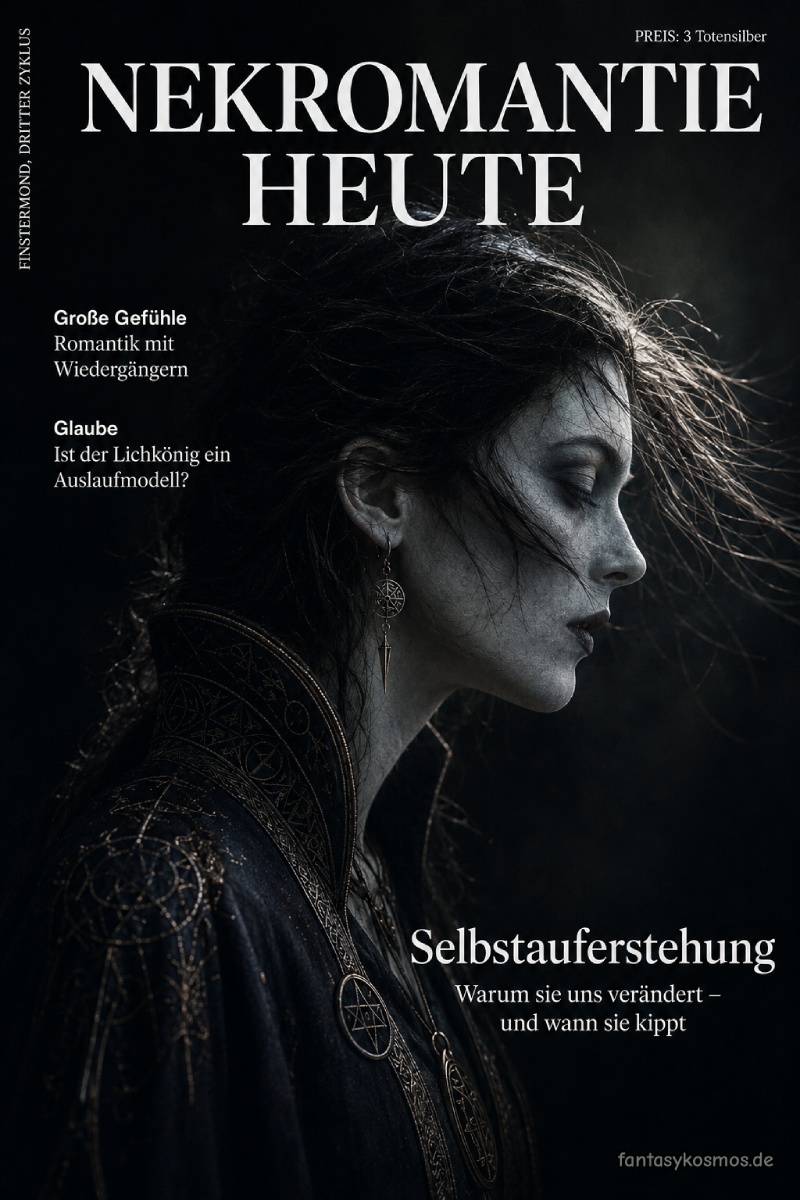 Düsteres Fantasy-Magazincover mit dem Titel „Nekromantie Heute“: Eine bleiche Nekromantin im Profil trägt dunkle, bestickte Kleidung und okkulten Schmuck. Das Cover wirkt wie ein ernstes Psychologie- oder Kulturmagazin aus den Zwischenreichen. Die Hauptzeile lautet „Selbstauferstehung – Warum sie uns verändert – und wann sie kippt“.