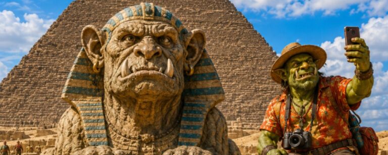 Satirisches Fantasy-Reisemotiv in sonniger Wüstenlandschaft: Vor einer gewaltigen Pyramide steht eine steinerne Sphinx mit dem breiten Gesicht und den Hauern eines Bergtrolls. Mehrere Orks und Goblins in bunten Urlaubssachen fotografieren die Sehenswürdigkeit, studieren eine Karte und posieren für Selfies.