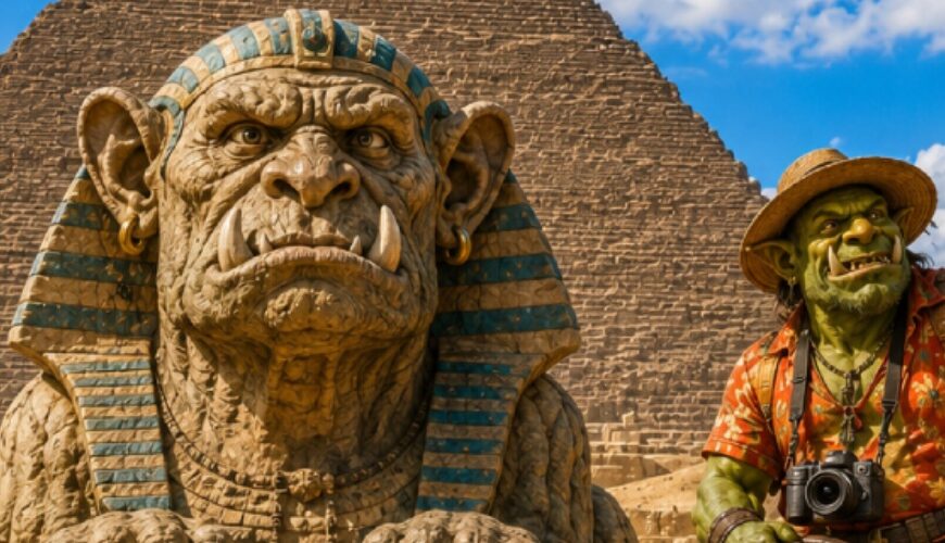 Satirisches Fantasy-Reisemotiv in sonniger Wüstenlandschaft: Vor einer gewaltigen Pyramide steht eine steinerne Sphinx mit dem breiten Gesicht und den Hauern eines Bergtrolls. Mehrere Orks und Goblins in bunten Urlaubssachen fotografieren die Sehenswürdigkeit, studieren eine Karte und posieren für Selfies.