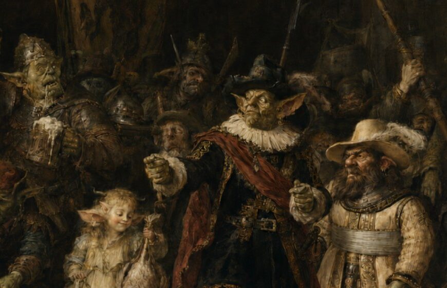 Quadratisches Fantasygemälde im Stil eines barocken Gruppenporträts: Im warmen Licht treten bewaffnete Goblins, Orks, Zwerge und weitere Gestalten aus einem dunklen Wachhaus. Im Zentrum stehen ein herausgeputzter Goblinhauptmann mit roter Schärpe und sein Stellvertreter. Zwischen Waffen und Fahnen sind ein Skeletttrommler, ein Bierkrug und ein Huhn zu erkennen. Am unteren Rahmen befindet sich ein Metallschild mit dem Titel Die Nachtwache von Knatterstedt, dem Malernamen Grumbrandt van Modder und der Jahreszahl 1642.