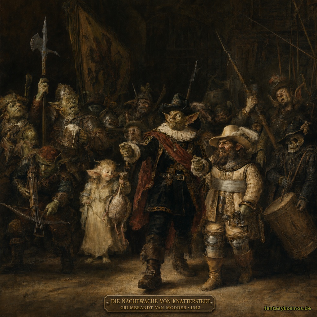 Quadratisches Fantasygemälde im Stil eines barocken Gruppenporträts: Im warmen Licht treten bewaffnete Goblins, Orks, Zwerge und weitere Gestalten aus einem dunklen Wachhaus. Im Zentrum stehen ein herausgeputzter Goblinhauptmann mit roter Schärpe und sein Stellvertreter. Zwischen Waffen und Fahnen sind ein Skeletttrommler, ein Bierkrug und ein Huhn zu erkennen. Am unteren Rahmen befindet sich ein Metallschild mit dem Titel Die Nachtwache von Knatterstedt, dem Malernamen Grumbrandt van Modder und der Jahreszahl 1642.