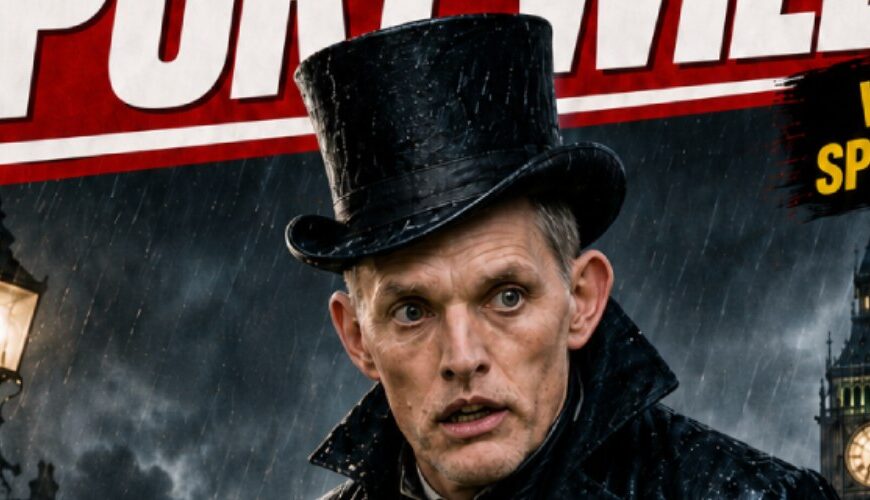 Satirisches Sportmagazincover im grellen Boulevardstil: Ein düster gekleideter englischer Nationaltrainer steht nachts im verregneten London vor Big Ben und hält ein blutverschmiertes Messer.