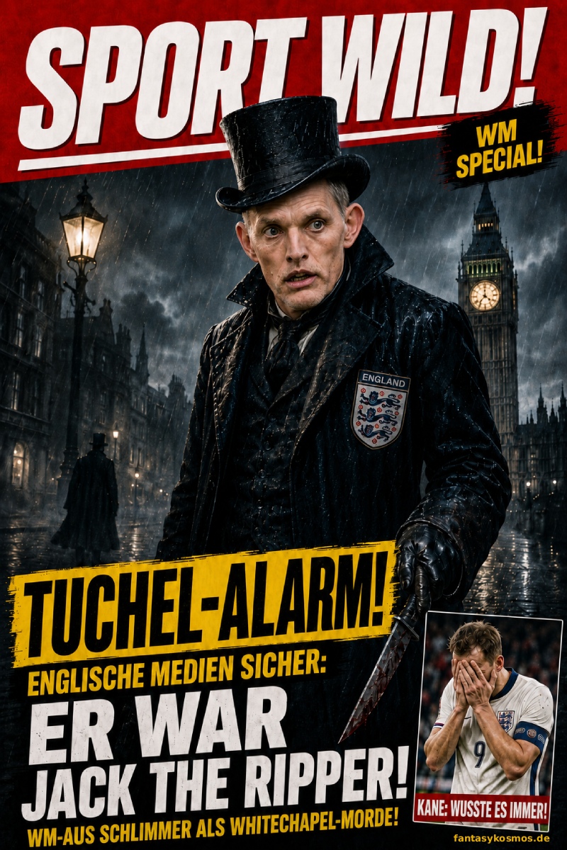 Satirisches Sportmagazincover im grellen Boulevardstil: Ein düster gekleideter englischer Nationaltrainer steht nachts im verregneten London vor Big Ben und hält ein blutverschmiertes Messer. Oben prangt „SPORT WILD!“, dazu „TUCHEL-ALARM!“ und die Schlagzeile „Englische Medien sicher: Er war Jack the Ripper!“. Rechts unten verzweifelt ein englischer Stürmer unter der Zeile „Kane: Wusste es immer!“.