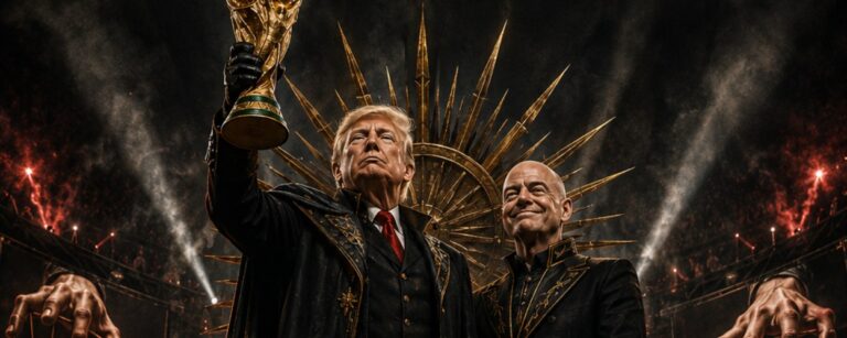 Düstere politische Fußball-Satire im Hochformat: Donald Trump und Gianni Infantino stehen in schwarzen, goldverzierten Herrschergewändern auf einem monumentalen Thronpodest und präsentieren den WM-Pokal wie erbeutete Beute.