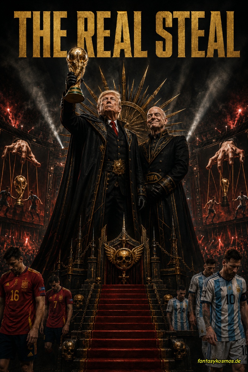 Düstere politische Fußball-Satire im Hochformat: Donald Trump und Gianni Infantino stehen in schwarzen, goldverzierten Herrschergewändern auf einem monumentalen Thronpodest und präsentieren den WM-Pokal wie erbeutete Beute. Hinter ihnen ragt ein goldener Strahlenkranz auf, während riesige Hände auf Stadionleinwänden Fußballspieler wie Marionetten lenken. Spanische und argentinische Spieler verlassen mit gesenkten Köpfen die finstere Arena. Oben steht in großen goldenen Buchstaben „THE REAL STEAL“.