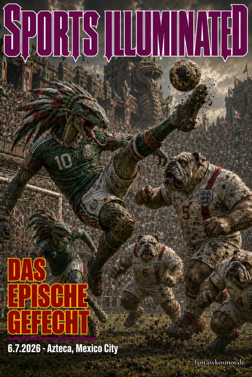 Fantasy-Sportmagazincover im Stil einer dramatischen Fußball-Sonderausgabe: Im monumentalen Azteca-Stadion springt ein mexikanischer Spieler mit Schlangenkopf, geschuppter Haut und grünem Trikot akrobatisch zum Ball, während gedrungene englische Bulldoggen-Spieler in weißen Trikots auf ihn zustürmen. Oben steht „SPORTS ILLIMINATED“, dazu die Schlagzeile „DAS EPISCHE GEFECHT“ und die Unterzeile „6.7.2026 – Azteca, Mexico City“.