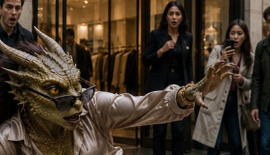 Fotorealistisches Fantasy-Meme vor einer Zara-Filiale: Eine elegante Drachin mit Schuppen, Hörnern, Sonnenbrille, Schmuck, Handtasche und glänzender Satin-Hose rutscht auf dem glatten Gehweg aus.