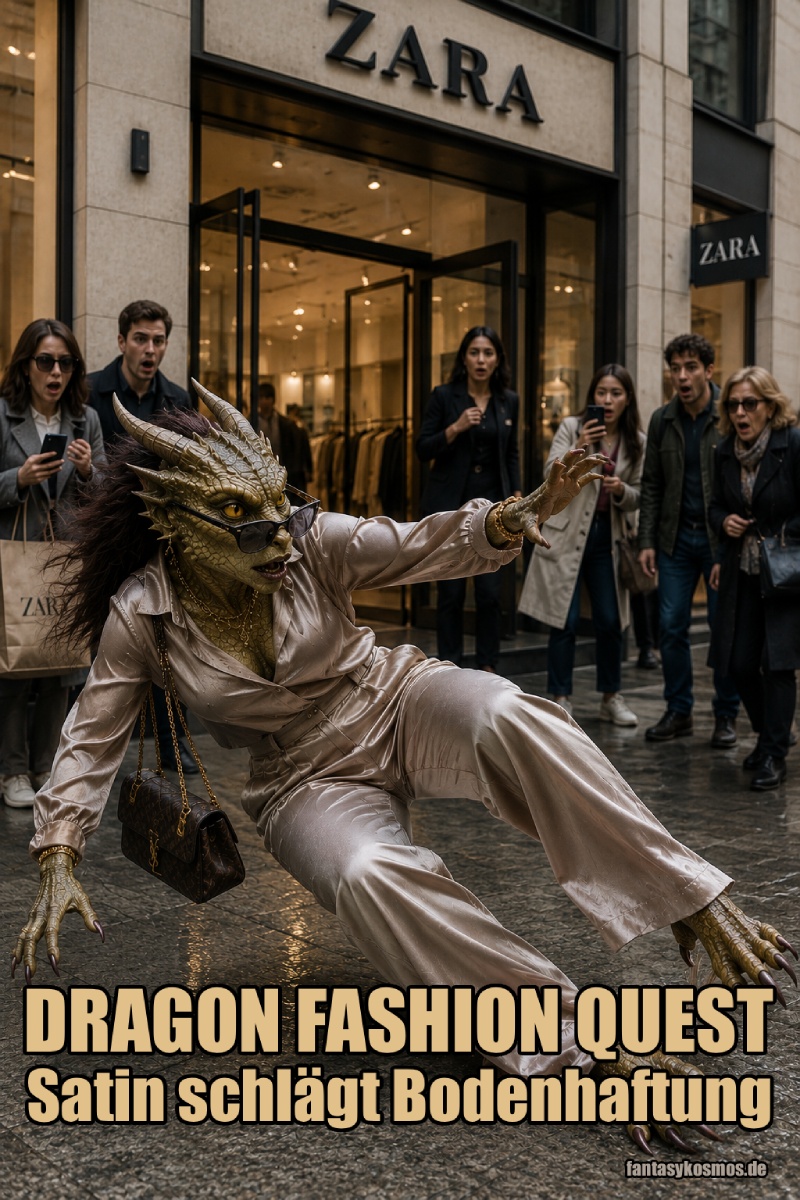 Fotorealistisches Fantasy-Meme vor einer Zara-Filiale: Eine elegante Drachin mit Schuppen, Hörnern, Sonnenbrille, Schmuck, Handtasche und glänzender Satin-Hose rutscht auf dem glatten Gehweg aus. Im Hintergrund starren erschrockene Passanten auf die Szene. Unten steht der Meme-Text: „DRAGON FASHION QUEST – Satin schlägt Bodenhaftung“.
