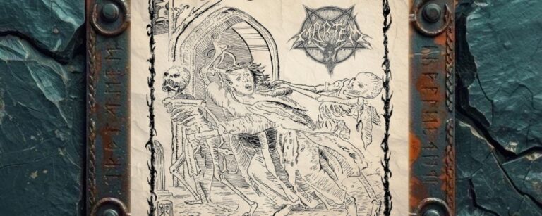 Albumcover von Mortem – Mørketid: Schwarz gezeichnete, groteske Totenbett-Szene auf vergilbtem Papier. Ein ausgezehrter Körper liegt auf einer Bahre, während knöcherne Gestalten um ihn herum stehen und einen Schädel halten. Oben rechts befindet sich das Mortem-Logo, das Bild ist von einem dunklen, dornartigen Rahmen eingefasst.