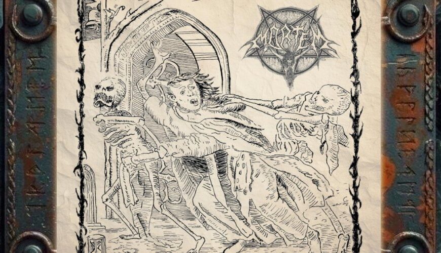 Albumcover von Mortem – Mørketid: Schwarz gezeichnete, groteske Totenbett-Szene auf vergilbtem Papier. Ein ausgezehrter Körper liegt auf einer Bahre, während knöcherne Gestalten um ihn herum stehen und einen Schädel halten. Oben rechts befindet sich das Mortem-Logo, das Bild ist von einem dunklen, dornartigen Rahmen eingefasst.