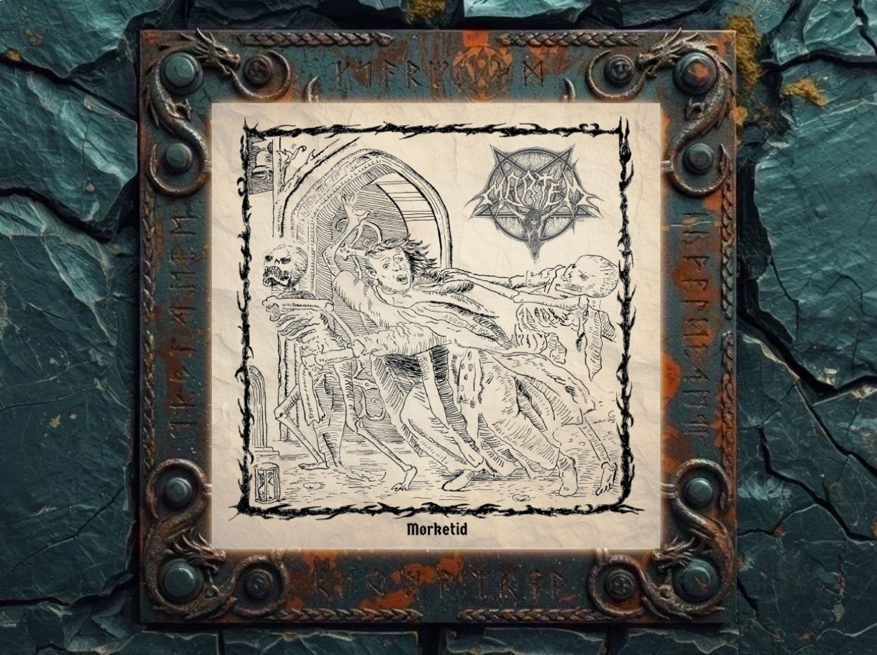 Albumcover von Mortem – Mørketid: Schwarz gezeichnete, groteske Totenbett-Szene auf vergilbtem Papier. Ein ausgezehrter Körper liegt auf einer Bahre, während knöcherne Gestalten um ihn herum stehen und einen Schädel halten. Oben rechts befindet sich das Mortem-Logo, das Bild ist von einem dunklen, dornartigen Rahmen eingefasst.