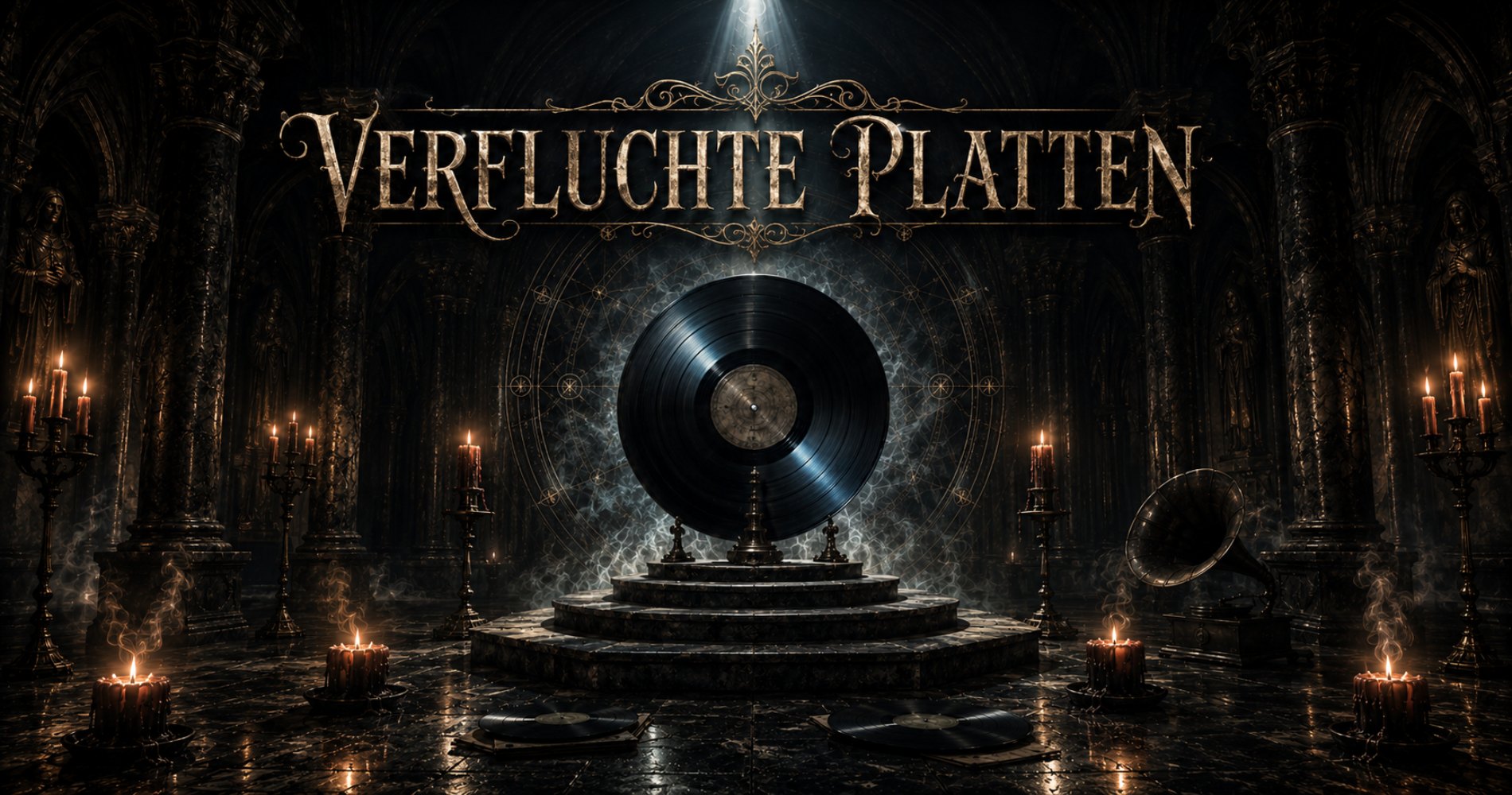 Das Symbolbild für die Kategorie Verfluchte Platten mit einer LP in einer magischen Halle. 