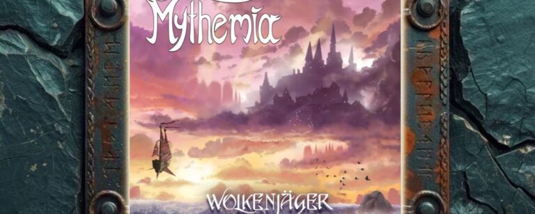 Albumcover von Mythemia – Wolkenjäger: Über einer bewegten Wasserfläche schwebt links ein kleines Luftschiff. Im Hintergrund liegt unter einem rosa-orangefarbenen Himmel die dunkle Silhouette einer Stadt oder Burg in den Wolken. Rechts fliegen Vögel, oben steht das Bandlogo, unten der Albumtitel.