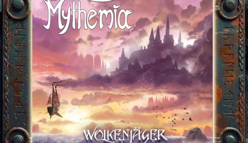 Albumcover von Mythemia – Wolkenjäger: Über einer bewegten Wasserfläche schwebt links ein kleines Luftschiff. Im Hintergrund liegt unter einem rosa-orangefarbenen Himmel die dunkle Silhouette einer Stadt oder Burg in den Wolken. Rechts fliegen Vögel, oben steht das Bandlogo, unten der Albumtitel.