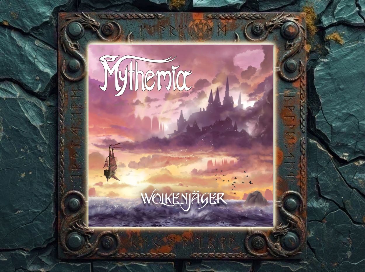 Albumcover von Mythemia – Wolkenjäger: Über einer bewegten Wasserfläche schwebt links ein kleines Luftschiff. Im Hintergrund liegt unter einem rosa-orangefarbenen Himmel die dunkle Silhouette einer Stadt oder Burg in den Wolken. Rechts fliegen Vögel, oben steht das Bandlogo, unten der Albumtitel.