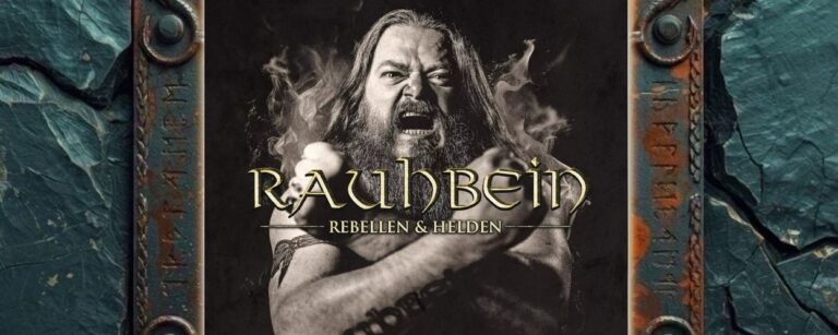 Albumcover von Rauhbein – Rebellen & Helden: Schwarzweißes Cover mit dem bärtigen Sänger Henry Rauhbein, der mit offenem Mund in die Kamera schreit. Rauch steigt hinter ihm auf, die Arme sind vor dem Oberkörper verschränkt. Darüber steht groß der Bandname, darunter der Albumtitel.