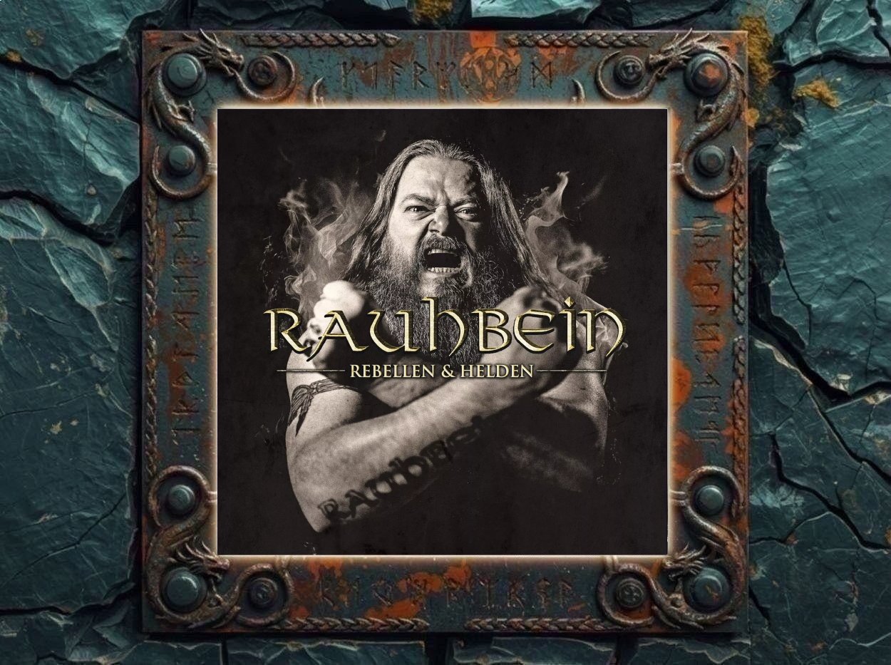 Albumcover von Rauhbein – Rebellen & Helden: Schwarzweißes Cover mit dem bärtigen Sänger Henry Rauhbein, der mit offenem Mund in die Kamera schreit. Rauch steigt hinter ihm auf, die Arme sind vor dem Oberkörper verschränkt. Darüber steht groß der Bandname, darunter der Albumtitel.