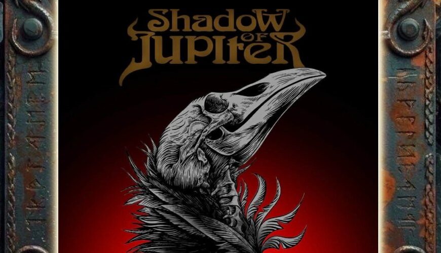 Albumcover von Shadow of Jupiter – BONES: Dunkles Cover mit rotem Hintergrundschein und einem weiß-schwarz gezeichneten Vogelschädel, der von Federn und Knochenstrukturen umgeben ist. Oben steht das braungoldene Bandlogo, rechts unten der Albumtitel.