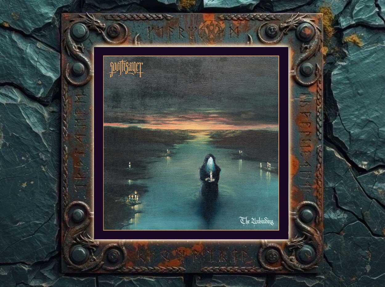 Albumcover von Soothsayer – The Unbinding: Malerisches Cover mit einer verhüllten Gestalt, die in dunklem Wasser steht und eine Kerze hält. Das Gesicht leuchtet unter der Kapuze. Im Hintergrund liegen neblige Wasserflächen, kleine Lichter und ein fahler Horizont. Oben links steht das Bandlogo, unten rechts der Albumtitel.