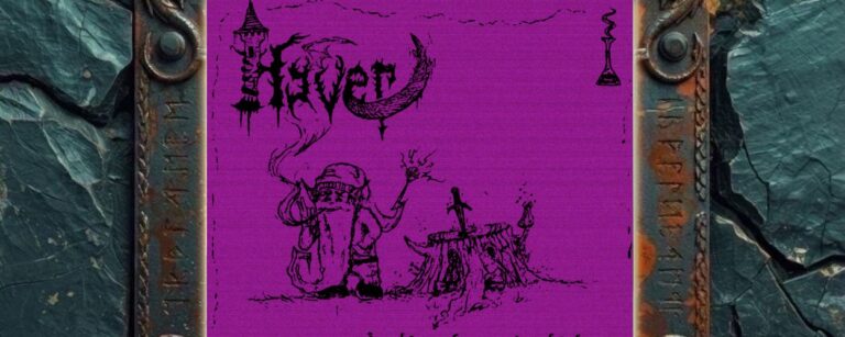 Cover von Tenebris / Hyver – Tänzelcore / techno split: Violetter Hintergrund mit schwarzen, handgezeichnet wirkenden Fantasy- und Keller-Synth-Motiven. Zu sehen sind eine kleine Kapuzen- oder Pilzfigur mit Zauberstab, ein Baumstumpf mit Schwert, ein Turm, ein rauchendes Fläschchen, krakelige Schriftzüge und skizzenhafte magische Details.