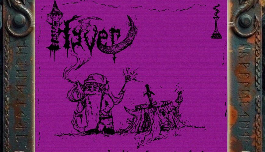 Cover von Tenebris / Hyver – Tänzelcore / techno split: Violetter Hintergrund mit schwarzen, handgezeichnet wirkenden Fantasy- und Keller-Synth-Motiven. Zu sehen sind eine kleine Kapuzen- oder Pilzfigur mit Zauberstab, ein Baumstumpf mit Schwert, ein Turm, ein rauchendes Fläschchen, krakelige Schriftzüge und skizzenhafte magische Details.