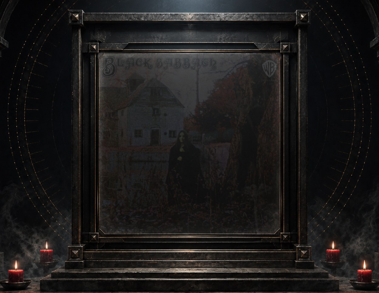 Düstere Illustration eines monumentalen schwarzen Bildträgers in einer sakralen Archivhalle: Hinter quadratischem Rauchglas erscheint schemenhaft das Cover von Black Sabbaths Debütalbum mit einer schwarz gekleideten Frau vor einer alten Wassermühle.