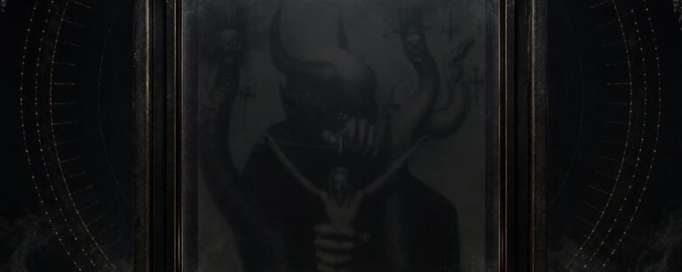 Ein okkulter Altar mit Kerzenlicht auf dem das Cover des Celtic Frost Albums To Mega Therion aufgestellt ist.