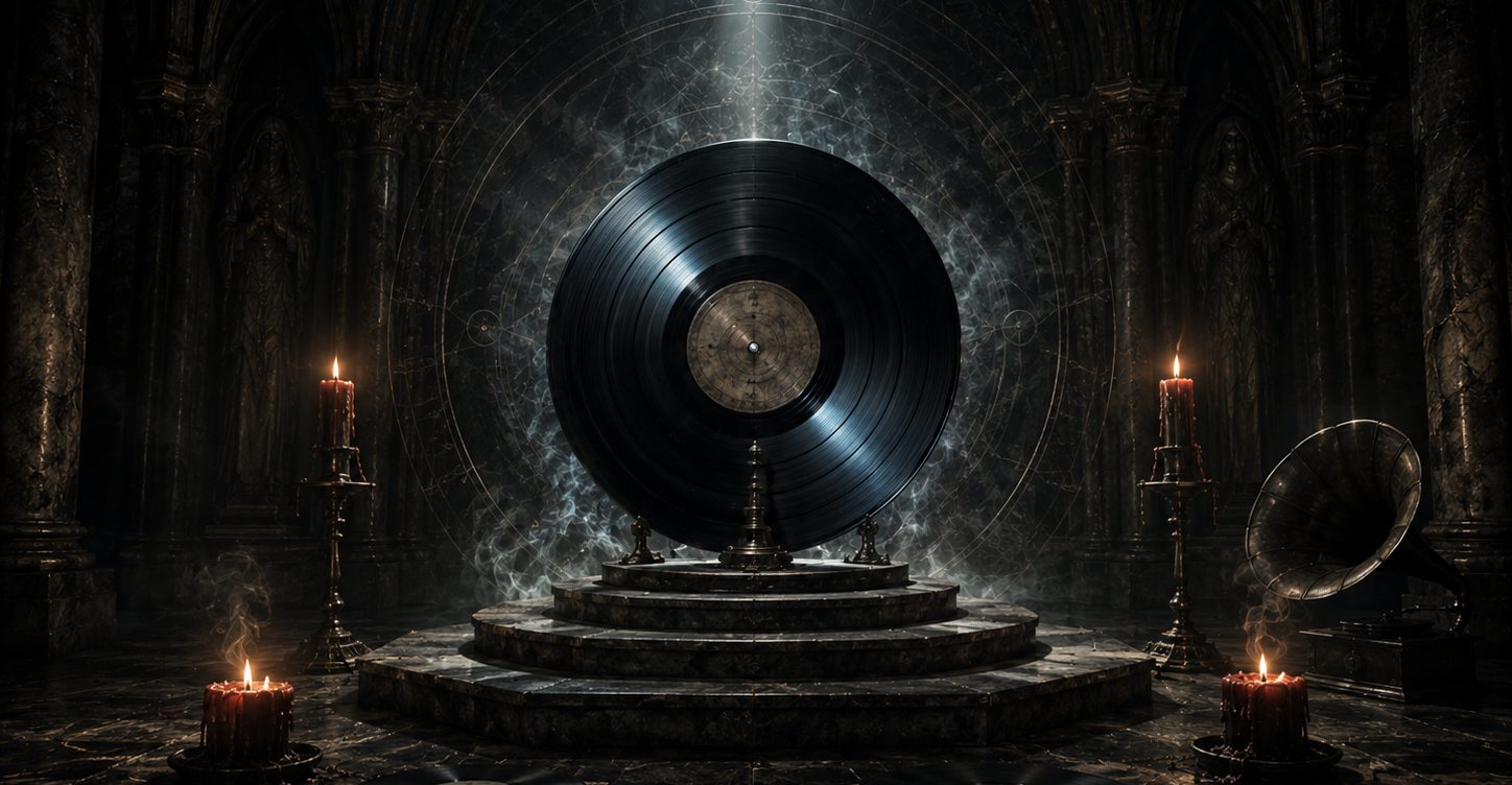 Fantasy Banner mit einer verfluchten Vinyl-Platte in einem finsteren Dungeon bei Kerzenschein. 