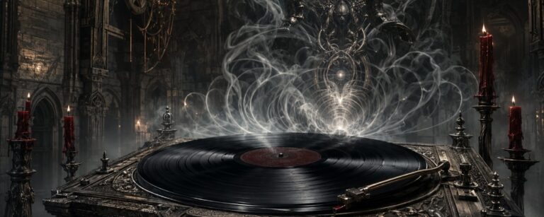 Düstere Fantasy-Illustration eines altarartigen Plattenspielers in einer gotischen Kathedrale: Auf einer schwarzen Vinylplatte steigen Rauch, Lichtwellen und metallische Schatten empor, während im Hintergrund eine hornartige, monumentale Gestalt zwischen Kerzen, Steinbögen und kaltem Nebel aufragt.
