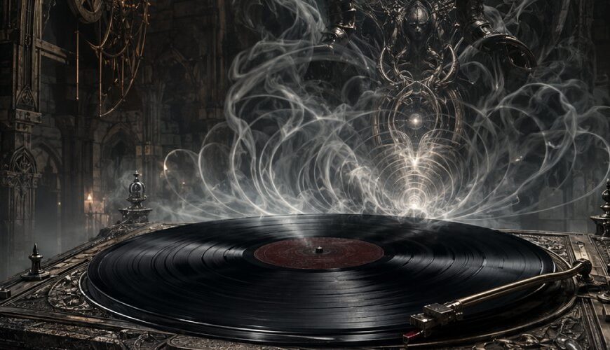 Düstere Fantasy-Illustration eines altarartigen Plattenspielers in einer gotischen Kathedrale: Auf einer schwarzen Vinylplatte steigen Rauch, Lichtwellen und metallische Schatten empor, während im Hintergrund eine hornartige, monumentale Gestalt zwischen Kerzen, Steinbögen und kaltem Nebel aufragt.