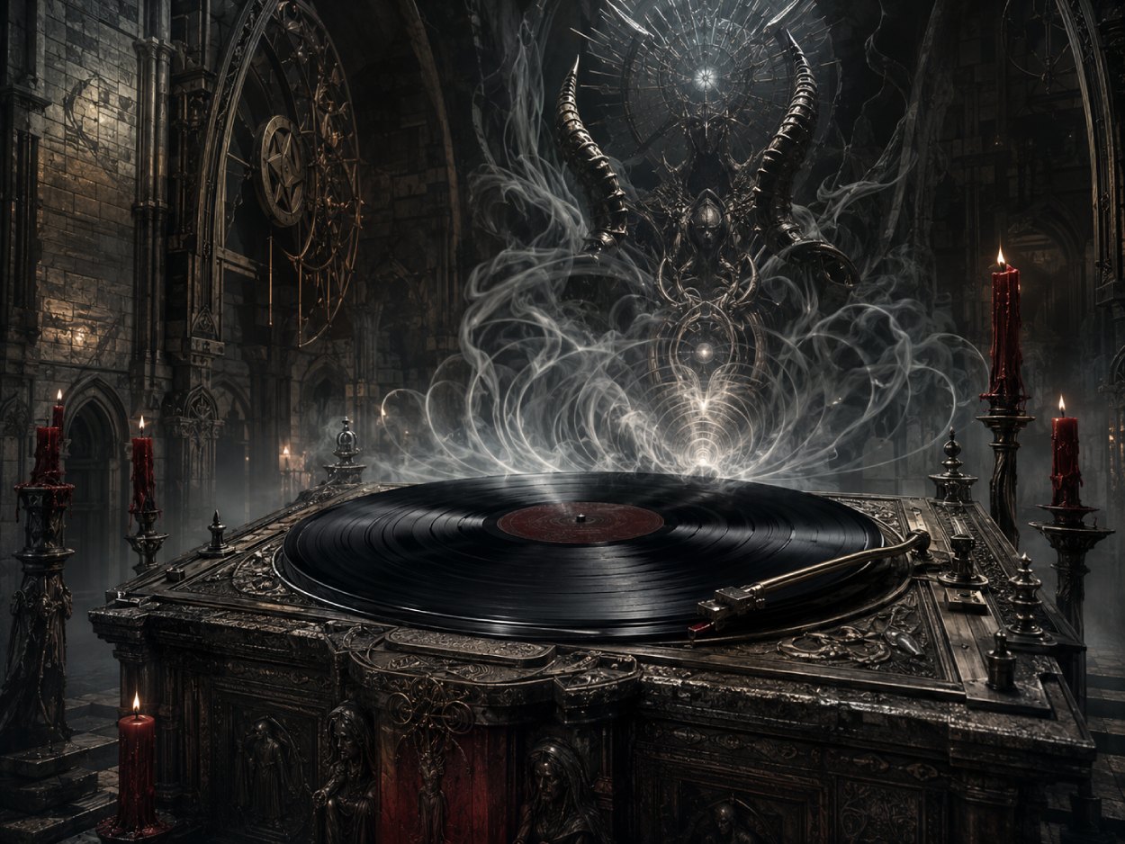 Düstere Fantasy-Illustration eines altarartigen Plattenspielers in einer gotischen Kathedrale: Auf einer schwarzen Vinylplatte steigen Rauch, Lichtwellen und metallische Schatten empor, während im Hintergrund eine hornartige, monumentale Gestalt zwischen Kerzen, Steinbögen und kaltem Nebel aufragt.
