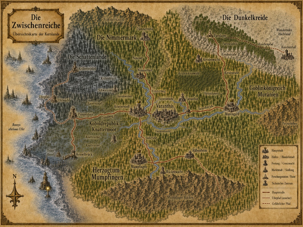 Eine Fantasy Übersichtskarte der Zwischenreiche, des magischen Kontinents, den der Fantasykosmos entwickelt und füllt.