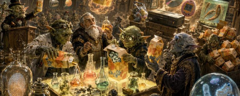 Fantasy-Szene in einem alchimistischen Labor: Goblins und Alchimisten untersuchen riesige Tetra-Pak-Eisteepackungen, während Retro-Produkte wie Telefonkarte, Tamagotchi, Videorekorder und AOL-CD aus magischen Regalen auftauchen.