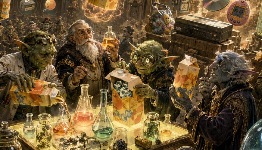 Fantasy-Szene in einem alchimistischen Labor: Goblins und Alchimisten untersuchen riesige Tetra-Pak-Eisteepackungen, während Retro-Produkte wie Telefonkarte, Tamagotchi, Videorekorder und AOL-CD aus magischen Regalen auftauchen.