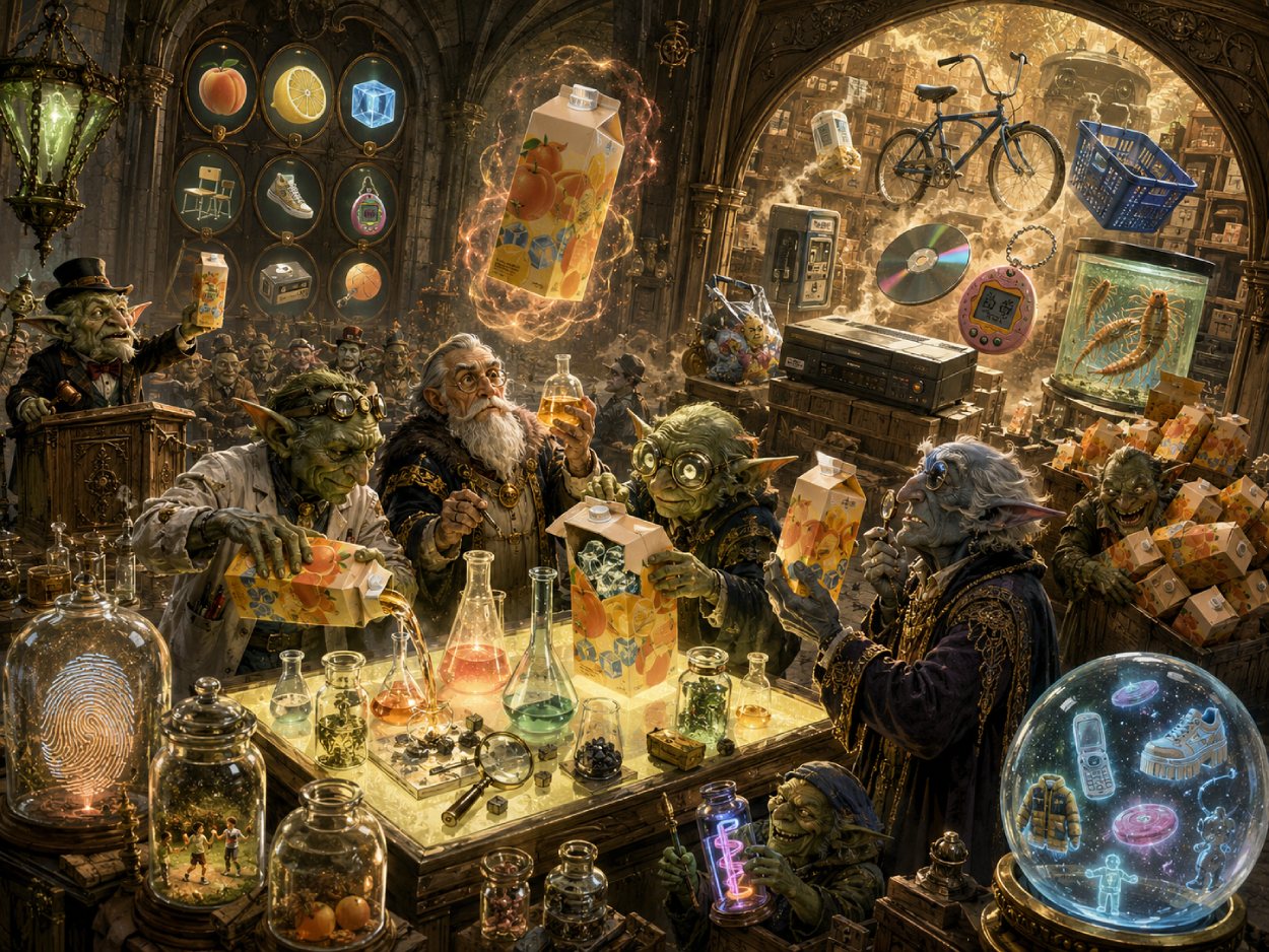 Fantasy-Szene in einem alchimistischen Labor: Goblins und Alchimisten untersuchen riesige Tetra-Pak-Eisteepackungen, während Retro-Produkte wie Telefonkarte, Tamagotchi, Videorekorder und AOL-CD aus magischen Regalen auftauchen.