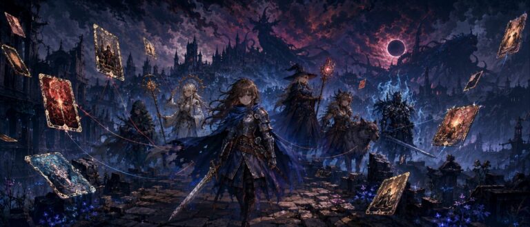Eine junge Ritterin steht in einer düsteren Pixel-Fantasywelt vor schwebenden Karten, während Gefährten und Monster im Hintergrund erscheinen.