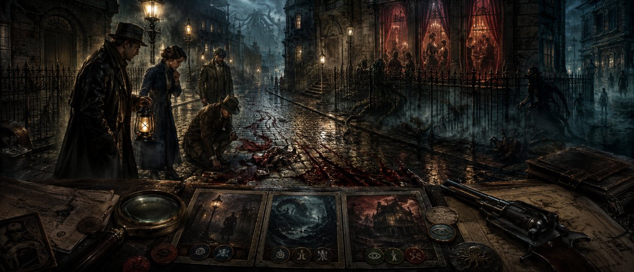 Ermittler stehen nachts in Arkham vor blutigen Spuren auf regennassem Pflaster, während unheimliche Schatten zwischen viktorianischen Häusern lauern.
