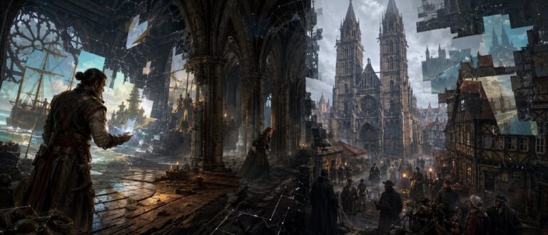 Die Nürnberger Lorenzkirche erscheint als düsterer Animus-Hinweis auf Assassin’s Creed Hexe zwischen verzerrten historischen Erinnerungen.