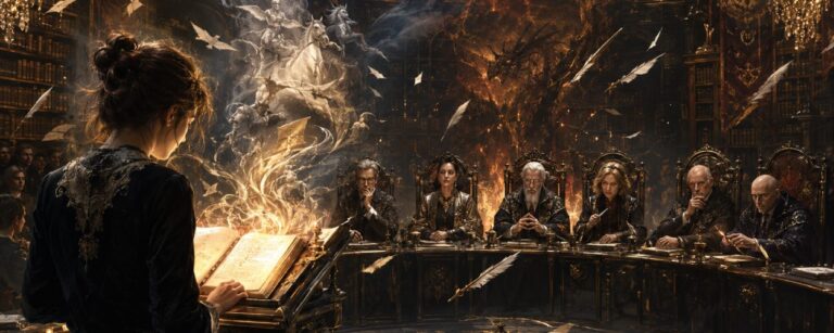 Fantasyhafte Illustration zum Bachmannpreis 2026: Eine Autorin liest in einer dunklen, prachtvollen Bibliotheksarena aus einem leuchtenden Manuskript, während sieben jurorenhafte Magierfiguren den Text wie ein literarisches Tribunal prüfen und aus den Seiten Drachenfeuer, Geisterbilder, Federn und magische Papierwesen aufsteigen.