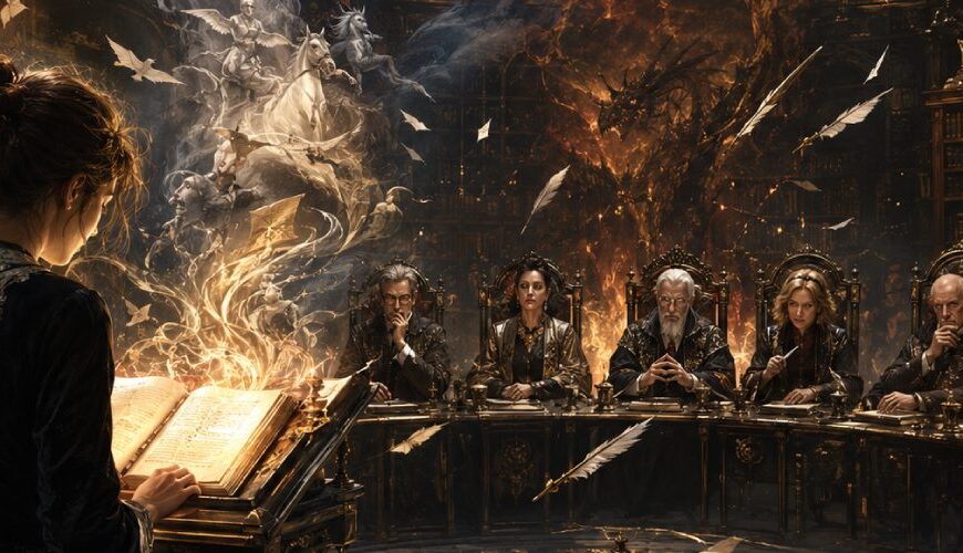 Fantasyhafte Illustration zum Bachmannpreis 2026: Eine Autorin liest in einer dunklen, prachtvollen Bibliotheksarena aus einem leuchtenden Manuskript, während sieben jurorenhafte Magierfiguren den Text wie ein literarisches Tribunal prüfen und aus den Seiten Drachenfeuer, Geisterbilder, Federn und magische Papierwesen aufsteigen.