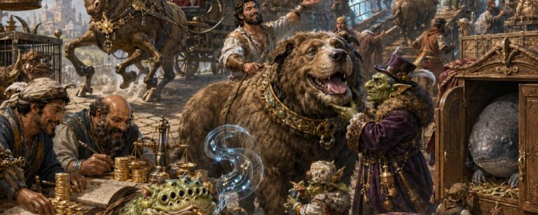 Fantasy-Szene eines historischen Tiermarkts, auf dem Menschen Bärenhunde und weitere absurde Kreaturen wie Rückwärtselche, Flötenkröten und Schemelgreife an begeisterte Händler aus den Zwischenreichen verkaufen.