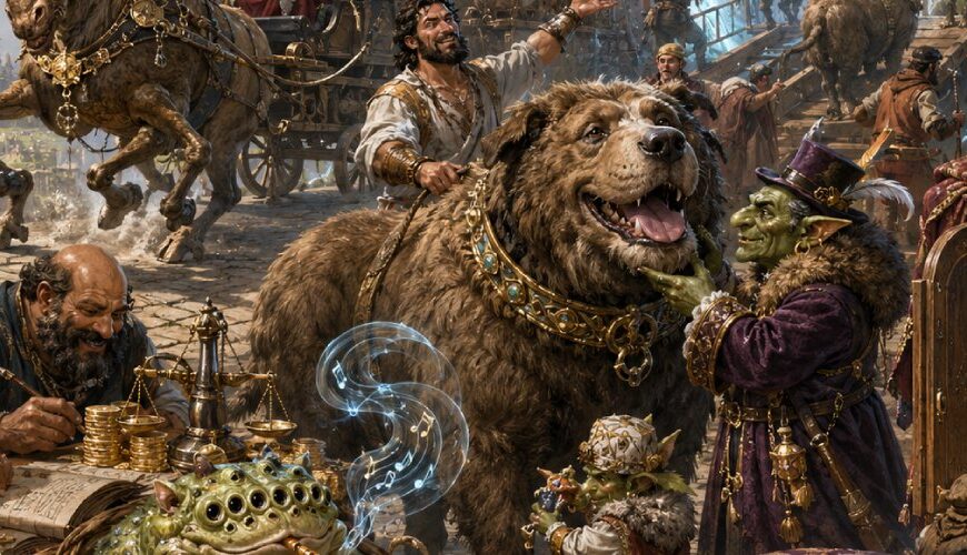 Fantasy-Szene eines historischen Tiermarkts, auf dem Menschen Bärenhunde und weitere absurde Kreaturen wie Rückwärtselche, Flötenkröten und Schemelgreife an begeisterte Händler aus den Zwischenreichen verkaufen.