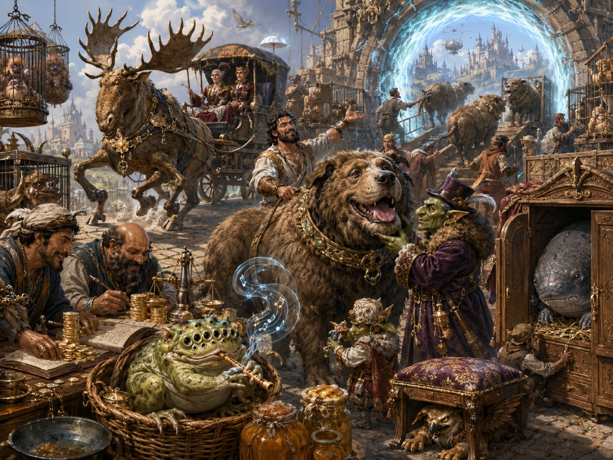 Fantasy-Szene eines historischen Tiermarkts, auf dem Menschen Bärenhunde und weitere absurde Kreaturen wie Rückwärtselche, Flötenkröten und Schemelgreife an begeisterte Händler aus den Zwischenreichen verkaufen.