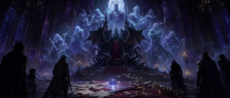 Ein leerer Fantasy-Thron steht in einer dunklen Halle, während Würfel, ein leuchtendes Schwert und Schatten von Abenteurern davor liegen.
