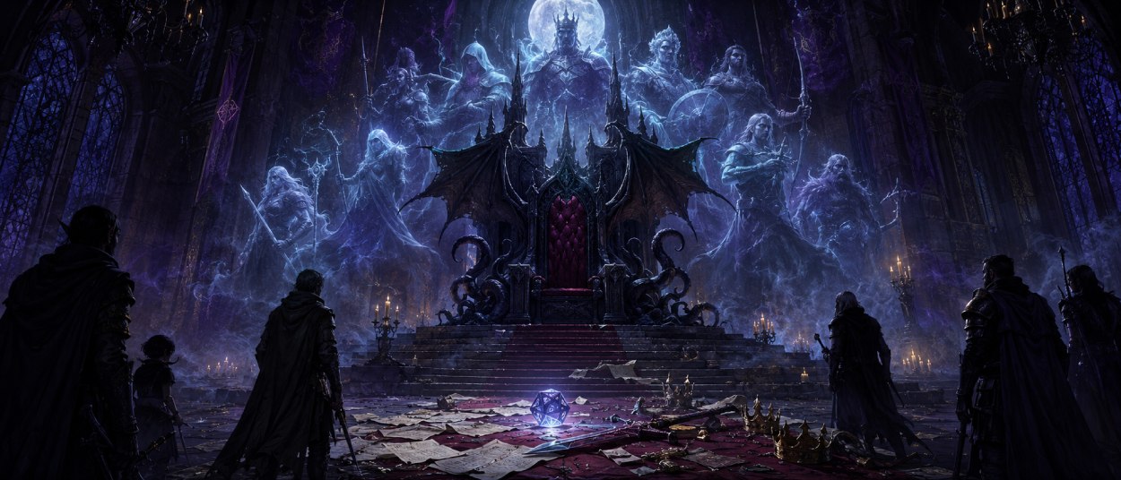 Ein leerer Fantasy-Thron steht in einer dunklen Halle, während Würfel, ein leuchtendes Schwert und Schatten von Abenteurern davor liegen.