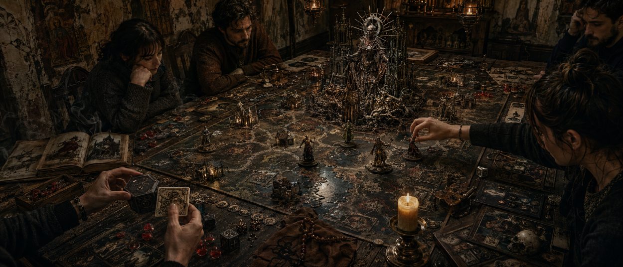 Blasphemous The Board Game mit Büßer-Miniaturen, veränderbaren Würfeln und einem grotesken Boss auf dem Spieltisch von Cvstodia.