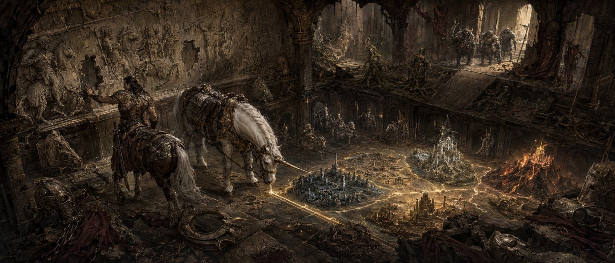 Der letzte Zentaur Artemis reitet im Dark-Fantasy-Comic Centaur Riders auf einem gepanzerten Einhorn durch die Ruinen von Ashvaren.