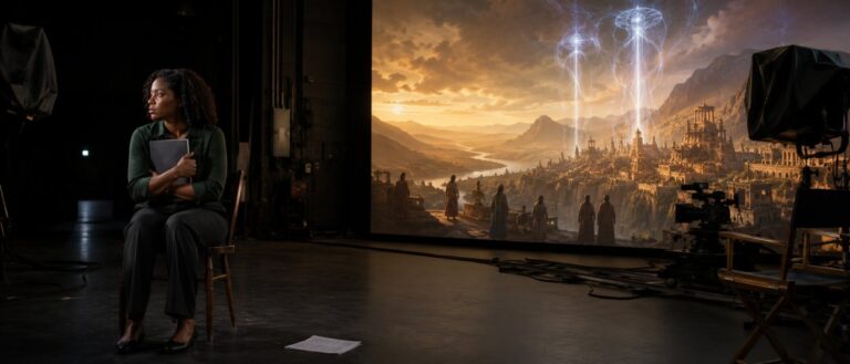 Eine Schriftstellerin sitzt mit einem geschlossenen Manuskript am Rand eines dunklen Filmsets und blickt von einer leuchtenden Kinoleinwand mit einer weitläufigen Fantasylandschaft weg.